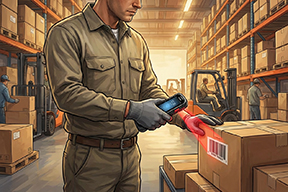 Warehouse employee using MDE to scan packages.